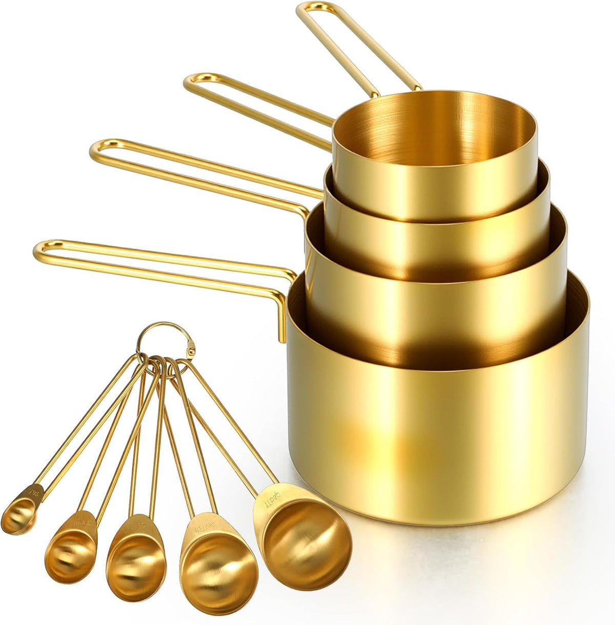 9 Pcs Gold Stainless Steel Measuring Cups and Spoons Set, Stackable Gold Measuring Cups Set with Long Handles, Golden Measuring Spoons for Narrow Bottles Liquid & Dry Ingredients Baking Cooking