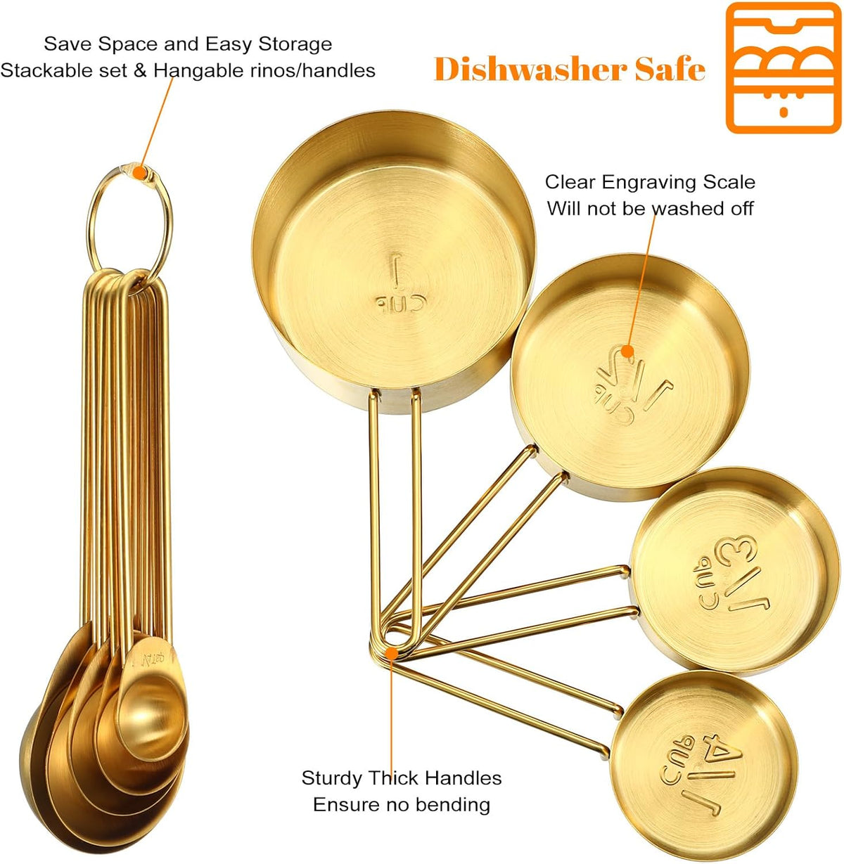 9 Pcs Gold Stainless Steel Measuring Cups and Spoons Set, Stackable Gold Measuring Cups Set with Long Handles, Golden Measuring Spoons for Narrow Bottles Liquid & Dry Ingredients Baking Cooking