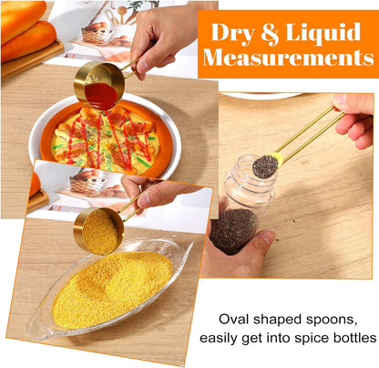 9 Pcs Gold Stainless Steel Measuring Cups and Spoons Set, Stackable Gold Measuring Cups Set with Long Handles, Golden Measuring Spoons for Narrow Bottles Liquid & Dry Ingredients Baking Cooking