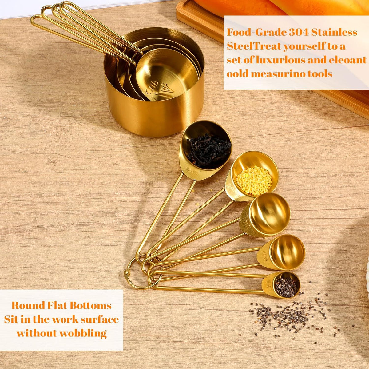 9 Pcs Gold Stainless Steel Measuring Cups and Spoons Set, Stackable Gold Measuring Cups Set with Long Handles, Golden Measuring Spoons for Narrow Bottles Liquid & Dry Ingredients Baking Cooking