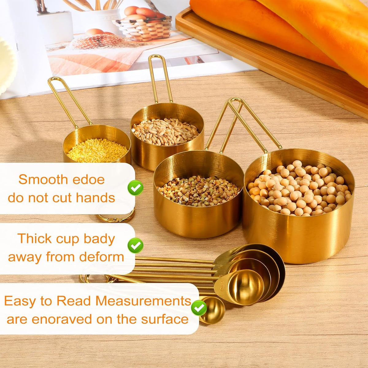 9 Pcs Gold Stainless Steel Measuring Cups and Spoons Set, Stackable Gold Measuring Cups Set with Long Handles, Golden Measuring Spoons for Narrow Bottles Liquid & Dry Ingredients Baking Cooking