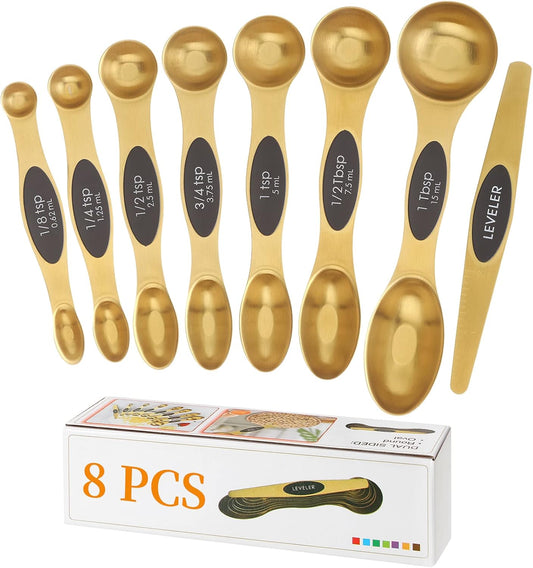 Magnetic Measuring Spoons Set, Stainless Steel, Dual Sided, Stackable, Dual Sided for Measuring Dry and Liquid Ingredients, Fits in Spice Jars, Set of 8（Gold ）