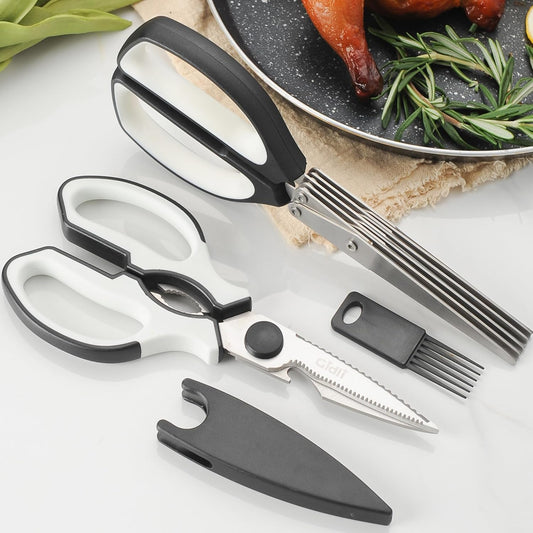 5 Blade Herb Scissors Set with Heavy Duty Kitchen Shears - Stainless Steel Vegetable Scissors for Fresh Herbs and Salad Prep - Dishwasher Safe 2 Pack with Protective Cover