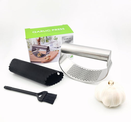 Garlic Press Rocker Stainless Steel Garlic Crusher, Mincer with Garlic Peeler and Cleaning Brush 3-Piece Set