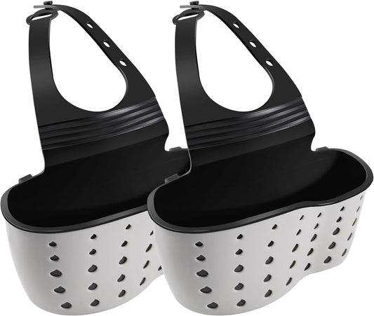 Kitchen Sink Caddy Sponge Holder for Kitchen Sink Accessories Organizer Dish Sponge Holder Ajustable Strap Faucet with Drain Holes for Drying (2 pcs Beige)