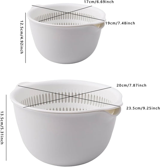2 Sets 3 Qt，2 in 1 Kitchen Colander Set with Bowl Strainer ，BPA Free Plastic Fruits and Vegetable Washing Basket,Dishwasher Friendly Double Layered Drain Basin,for Pasta, Noodles, Rice and Food (Grey)