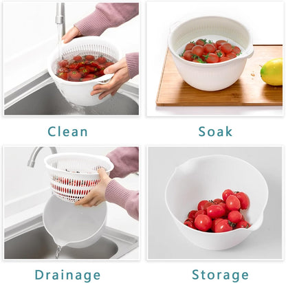 2 Sets 3 Qt，2 in 1 Kitchen Colander Set with Bowl Strainer ，BPA Free Plastic Fruits and Vegetable Washing Basket,Dishwasher Friendly Double Layered Drain Basin,for Pasta, Noodles, Rice and Food (Grey)