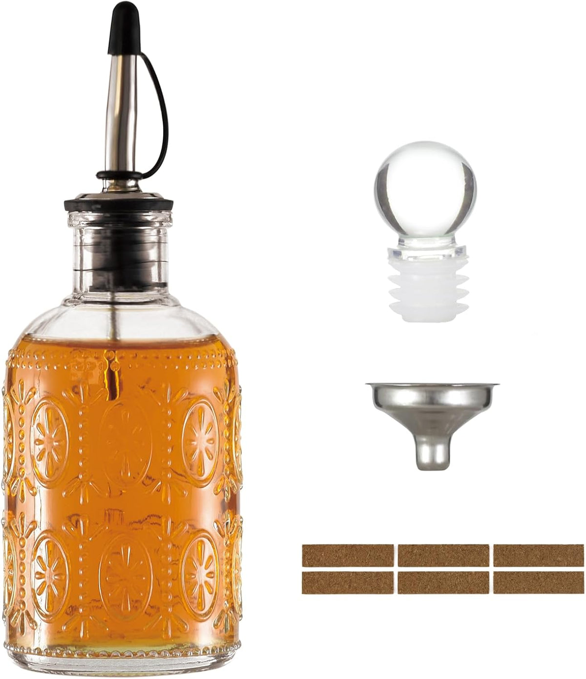 Retro Glass Syrup Dispenser Bottle 7oz, Oil and Vinegar Cruet with Stainless Steel Pour Spout, Labels, Funnel & Stopper(Antique Daisy)