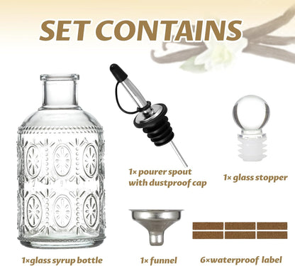 Retro Glass Syrup Dispenser Bottle 7oz, Oil and Vinegar Cruet with Stainless Steel Pour Spout, Labels, Funnel & Stopper(Antique Daisy)