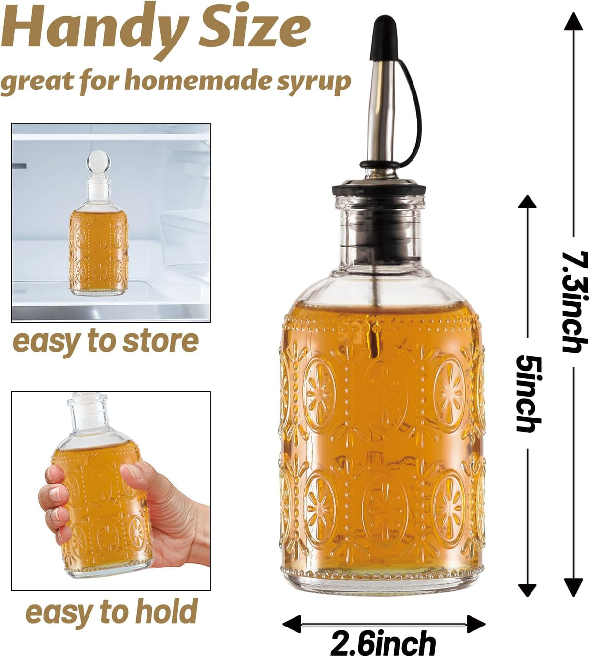 Retro Glass Syrup Dispenser Bottle 7oz, Oil and Vinegar Cruet with Stainless Steel Pour Spout, Labels, Funnel & Stopper(Antique Daisy)