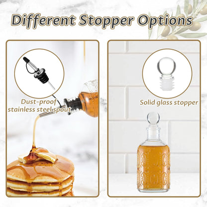Retro Glass Syrup Dispenser Bottle 7oz, Oil and Vinegar Cruet with Stainless Steel Pour Spout, Labels, Funnel & Stopper(Antique Daisy)