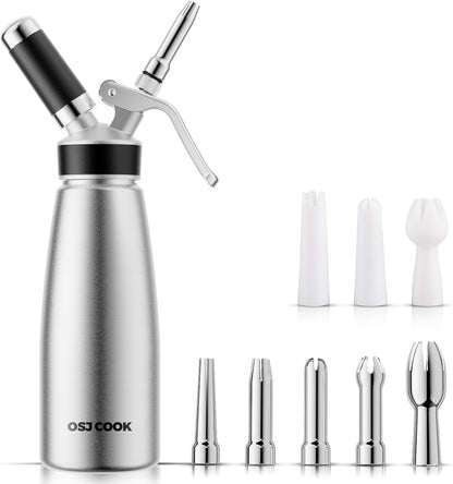 Whipped Cream Dispenser 500ml Aluminum with 8 Decorating Nozzles