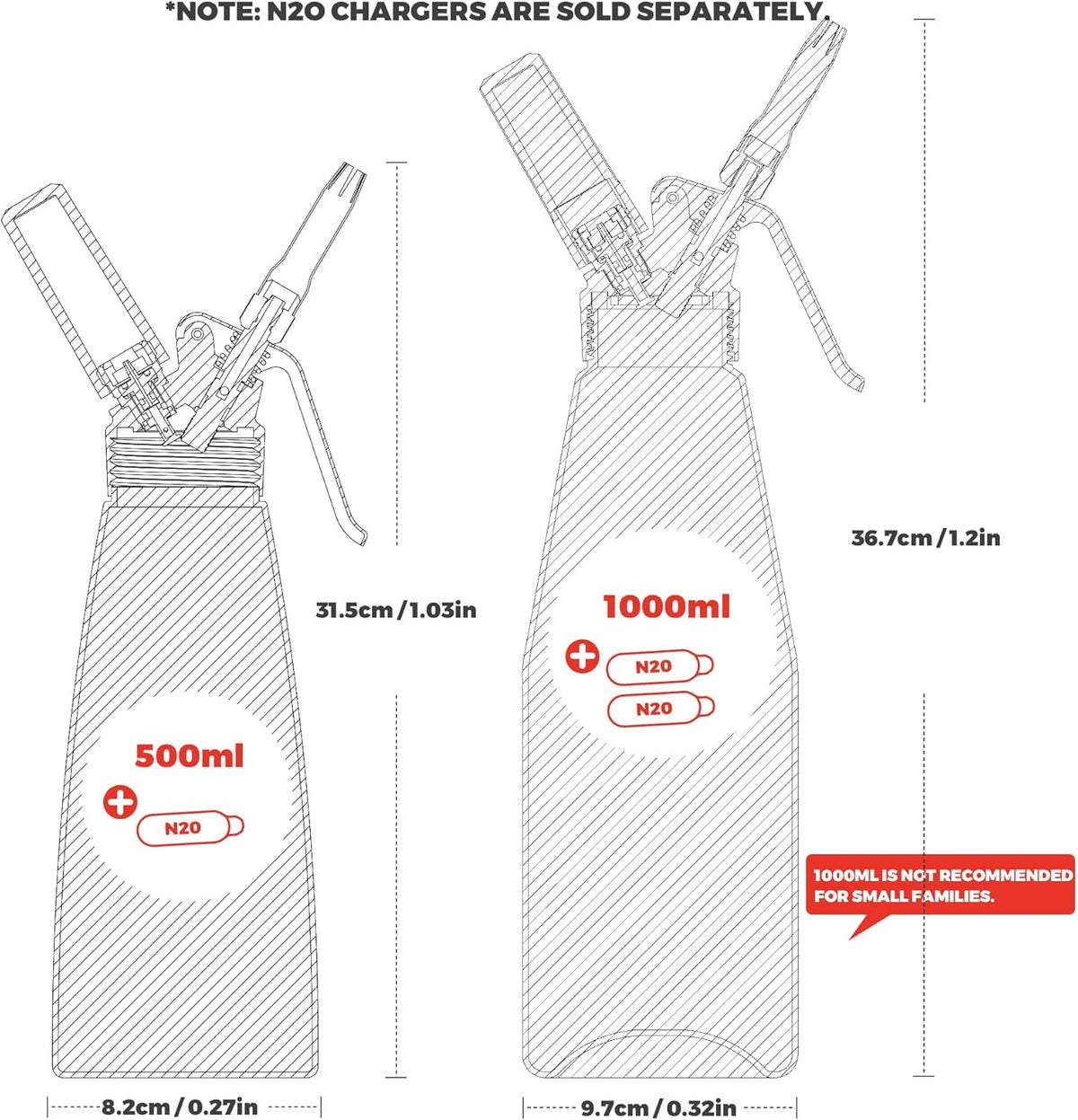 Whipped Cream Dispenser 500ml Aluminum with 8 Decorating Nozzles