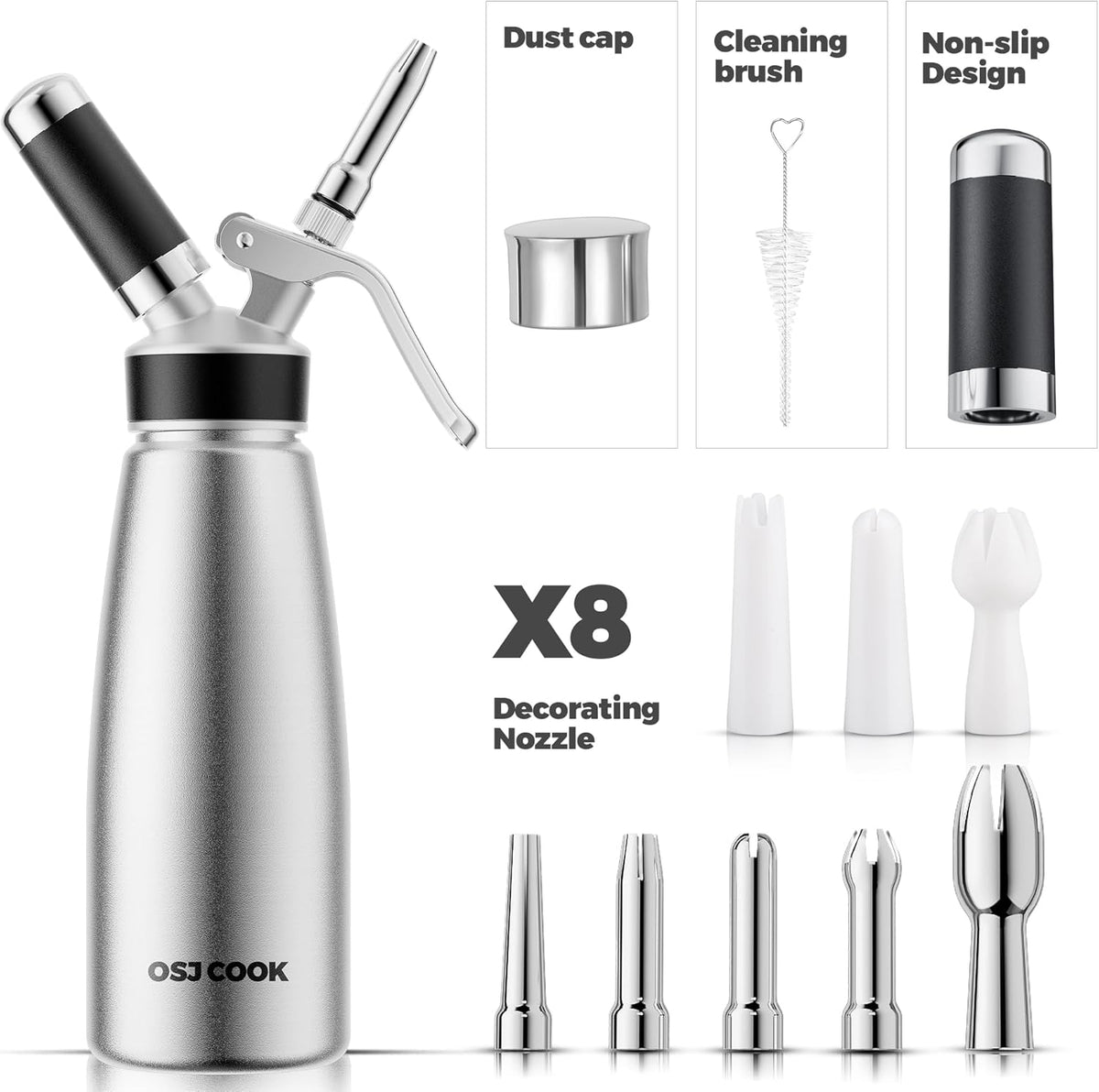 Whipped Cream Dispenser 500ml Aluminum with 8 Decorating Nozzles