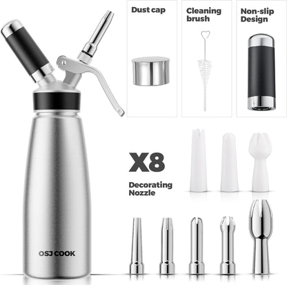 Whipped Cream Dispenser 500ml Aluminum with 8 Decorating Nozzles