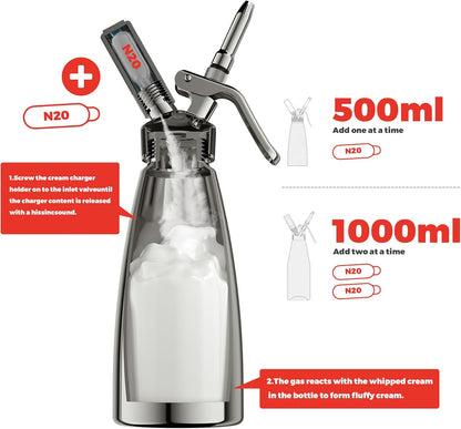 Whipped Cream Dispenser 500ml Aluminum with 8 Decorating Nozzles