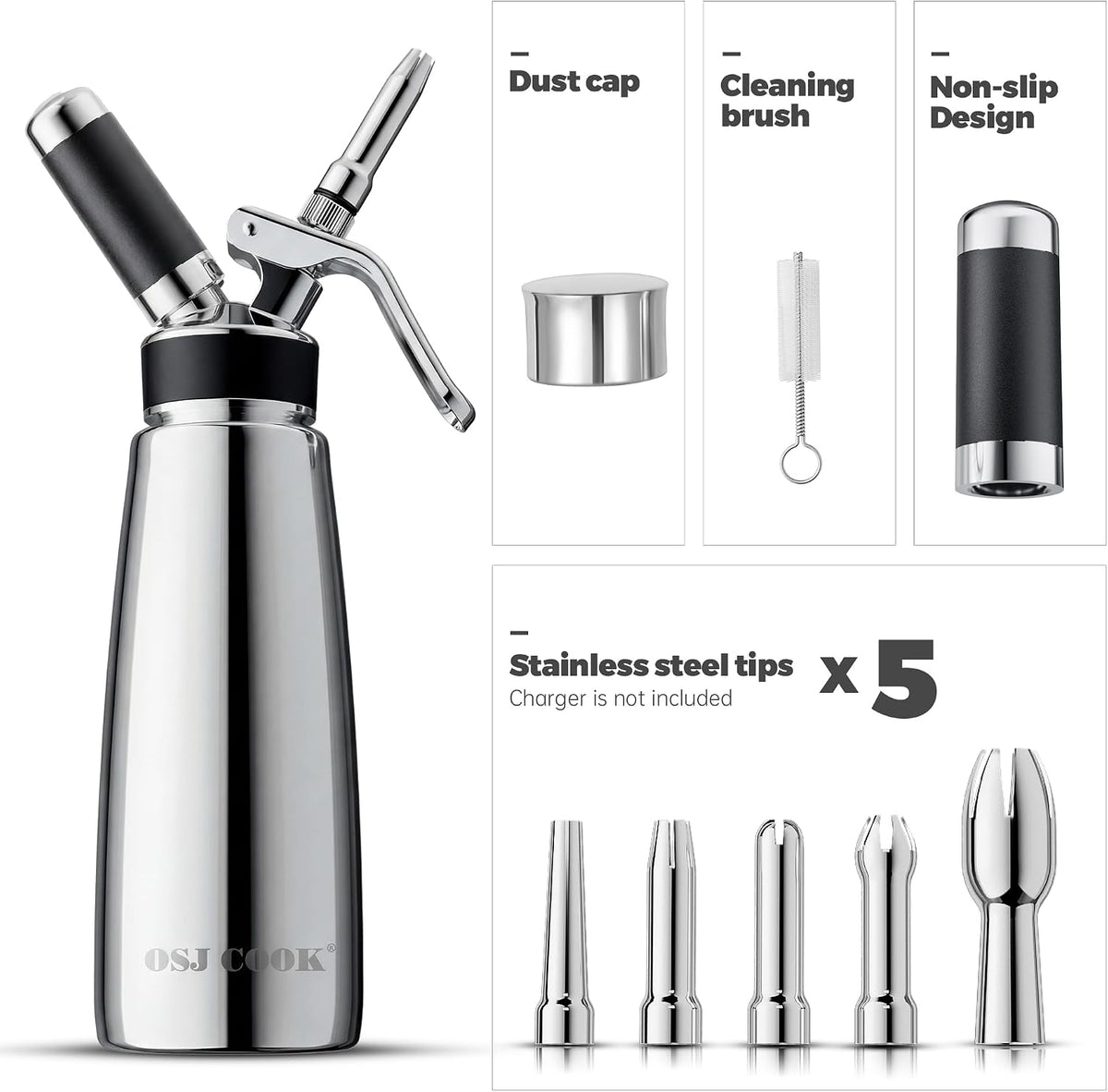 Whipped Cream Dispenser 500ml Aluminum with 8 Decorating Nozzles