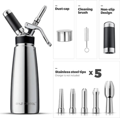 Whipped Cream Dispenser 500ml Aluminum with 8 Decorating Nozzles