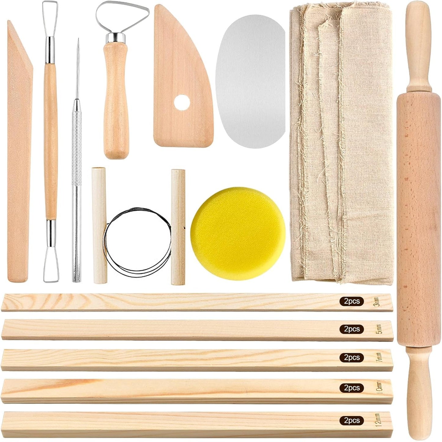 20 Pcs Pottery Tools Include 1 Wood Rolling Pin,1 Portable Pottery Linen Tablecloth, 10 Pcs 5 Size Teaching Rolling Mud Stick Guide, 8 Clay Sculpting Tools for Manual Self Ceramic Clay Making