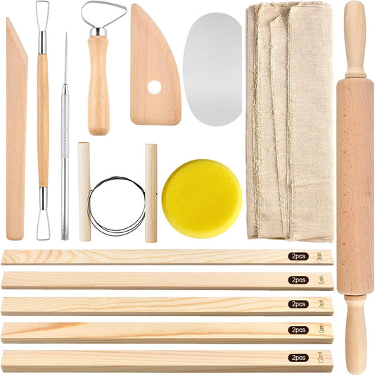 20 Pcs Pottery Tools Include 1 Wood Rolling Pin,1 Portable Pottery Linen Tablecloth, 10 Pcs 5 Size Teaching Rolling Mud Stick Guide, 8 Clay Sculpting Tools for Manual Self Ceramic Clay Making