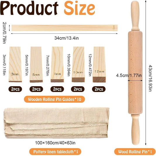 20 Pcs Pottery Tools Include 1 Wood Rolling Pin,1 Portable Pottery Linen Tablecloth, 10 Pcs 5 Size Teaching Rolling Mud Stick Guide, 8 Clay Sculpting Tools for Manual Self Ceramic Clay Making