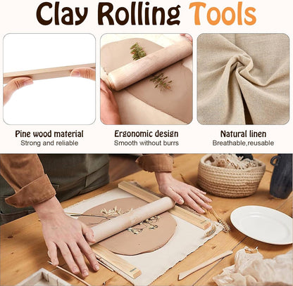 20 Pcs Pottery Tools Include 1 Wood Rolling Pin,1 Portable Pottery Linen Tablecloth, 10 Pcs 5 Size Teaching Rolling Mud Stick Guide, 8 Clay Sculpting Tools for Manual Self Ceramic Clay Making