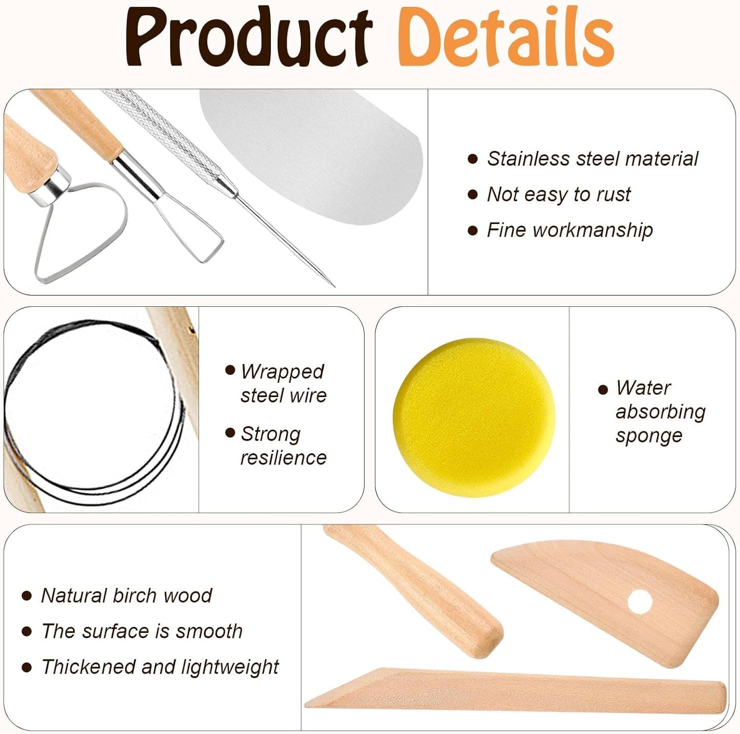 20 Pcs Pottery Tools Include 1 Wood Rolling Pin,1 Portable Pottery Linen Tablecloth, 10 Pcs 5 Size Teaching Rolling Mud Stick Guide, 8 Clay Sculpting Tools for Manual Self Ceramic Clay Making