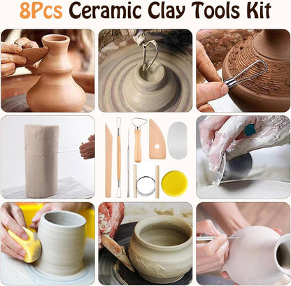 20 Pcs Pottery Tools Include 1 Wood Rolling Pin,1 Portable Pottery Linen Tablecloth, 10 Pcs 5 Size Teaching Rolling Mud Stick Guide, 8 Clay Sculpting Tools for Manual Self Ceramic Clay Making