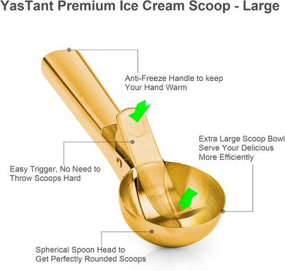 Premium Ice Cream Scoop with Trigger Ice Cream Scooper Stainless Steel, Heavy Duty Metal Icecream Scoop Spoon Dishwasher Safe, Perfect for Frozen Yogurt, Gelatos, Sundaes, Medium Silver