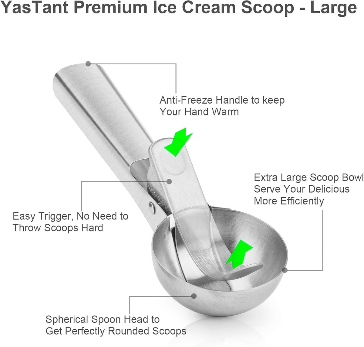 Premium Ice Cream Scoop with Trigger Ice Cream Scooper Stainless Steel, Heavy Duty Metal Icecream Scoop Spoon Dishwasher Safe, Perfect for Frozen Yogurt, Gelatos, Sundaes, Medium Silver