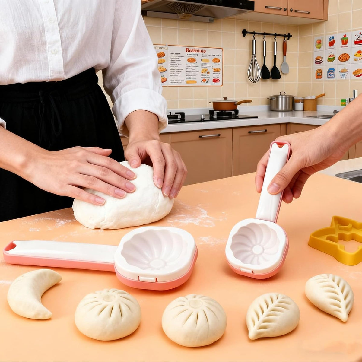 1 Pack Dumpling Maker Machine and Press 3 Shape Baozi Mold with Non Stick Surface Food Grade Plastic Bun Maker for Homemade Steamed Dumplings Mooncakes Pastries