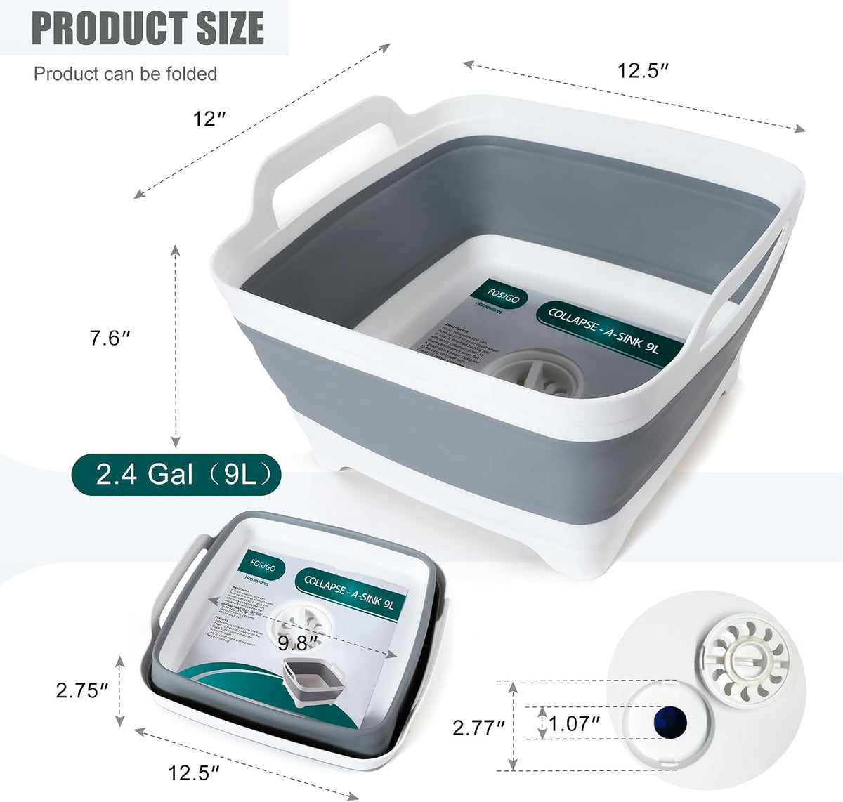 Collapsible Dish Basin with Drain Plug, Foldable Sink, 2.4 Gal (9L)