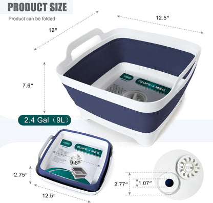 Collapsible Dish Basin with Drain Plug, Foldable Sink, 2.4 Gal (9L)