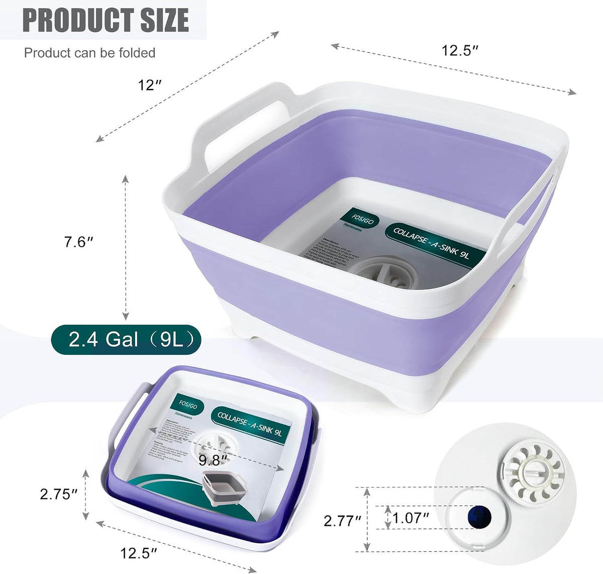 Collapsible Dish Basin with Drain Plug, Foldable Sink, 2.4 Gal (9L)