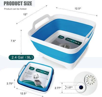 Collapsible Dish Basin with Drain Plug, Foldable Sink, 2.4 Gal (9L)