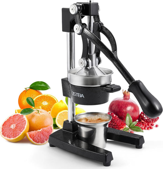 Cast Iron Manual Citrus Juicer, Heavy Duty Hand Press Orange Juicer with Stainless Steel Cup & Strainer, Commercial Grade Lemon Squeezer for Orange, Lemon, Lime, Grapefruit, Pomegranate