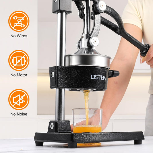 Cast Iron Manual Citrus Juicer, Heavy Duty Hand Press Orange Juicer with Stainless Steel Cup & Strainer, Commercial Grade Lemon Squeezer for Orange, Lemon, Lime, Grapefruit, Pomegranate
