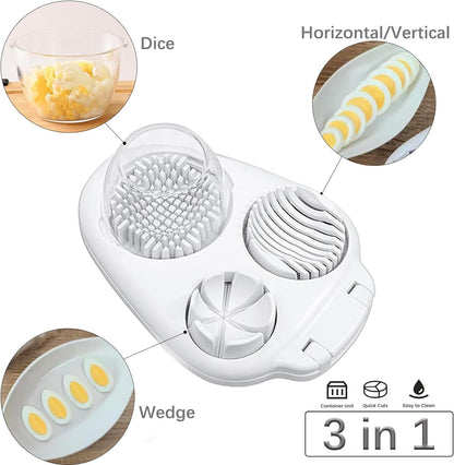 3 In 1 Egg Slicer for Hard Boiled Eggs,3 Slice Modes Egg Cutter,Stainless Steel Dicer for Strawberry Mushroom Grape Cherry, Multifunctional Food Cutter Slicer for Home Kitchen Chopper Gadgets (White)