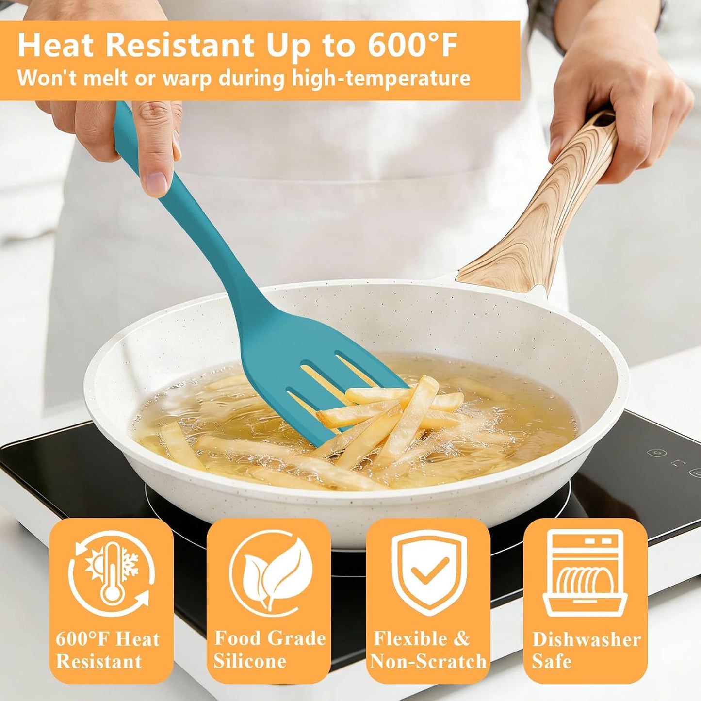 Silicone Spatula Turner Set, 600°F High Heat Resistant Spatulas for Cooking, BPA Free, Large Flexible Kitchen Utensils Flipping Eggs, Pancakes, Fish, Burgers, Dishwasher Safe