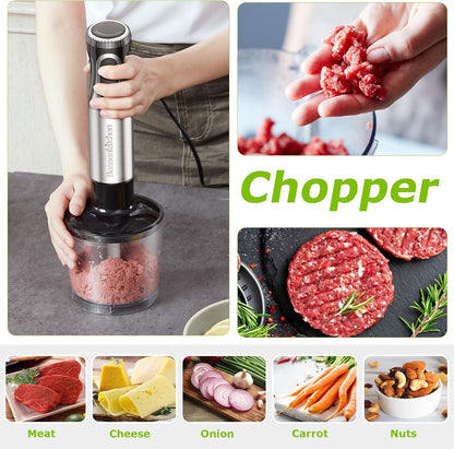 Immersion Blender Handheld with Food Processor, 20 Speeds Hand Blender with Turbo Mode, Stainless Steel Blade, Egg Whisk, Beaker & Chopper Bowl, Hand Mixer for Smoothie, Soup, Baby Food