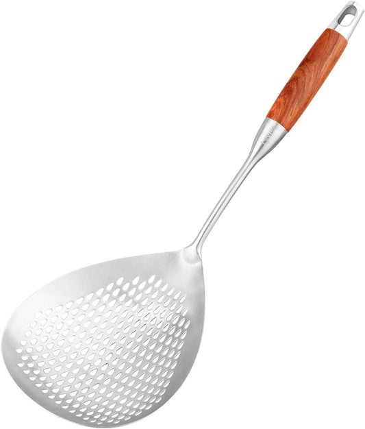 Large Slotted Spoon with Long Wooden Handle - 16 Inch Deep Frying Scoop with Hanging Holes, 304 Stainless Steel Fryer Skimmer Spoons for Kitchen Cooking Frying Draining