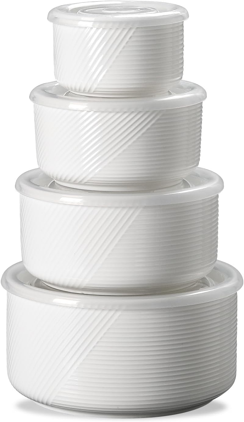 Ceramic Nesting Bowls with Lids, Set of 4, White | 50/32/20/10 oz Mixing Bowls with Lids - Porcelain Food Storage Containers For Prep and Serving, Microwave Safe