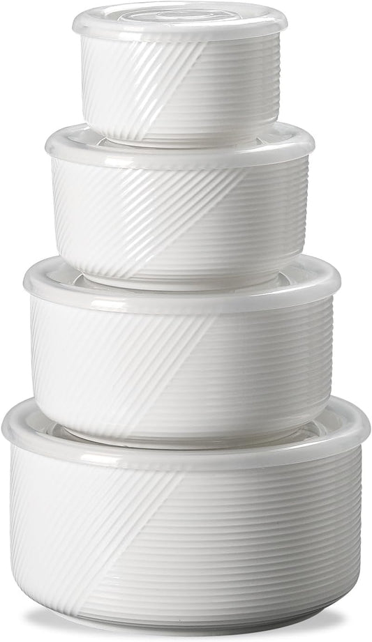Ceramic Nesting Bowls with Lids, Set of 4, White | 50/32/20/10 oz Mixing Bowls with Lids - Porcelain Food Storage Containers For Prep and Serving, Microwave Safe