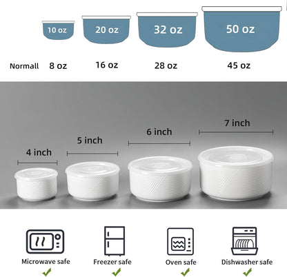 Ceramic Nesting Bowls with Lids, Set of 4, White | 50/32/20/10 oz Mixing Bowls with Lids - Porcelain Food Storage Containers For Prep and Serving, Microwave Safe