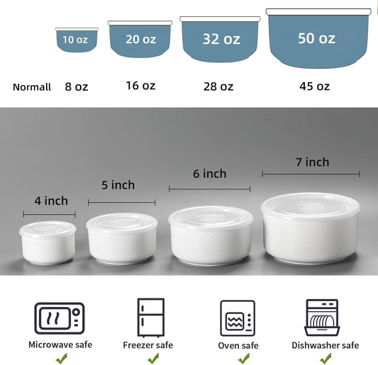 Ceramic Nesting Bowls with Lids, Set of 4, White | 50/32/20/10 oz Mixing Bowls with Lids - Porcelain Food Storage Containers For Prep and Serving, Microwave Safe