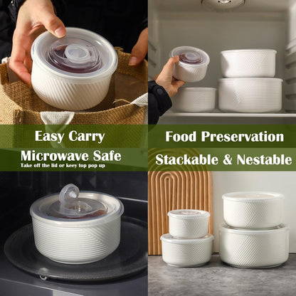 Ceramic Nesting Bowls with Lids, Set of 4, White | 50/32/20/10 oz Mixing Bowls with Lids - Porcelain Food Storage Containers For Prep and Serving, Microwave Safe