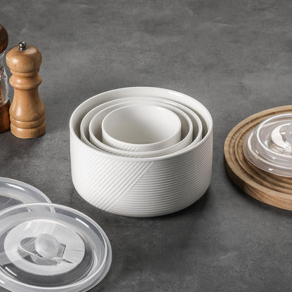 Ceramic Nesting Bowls with Lids, Set of 4, White | 50/32/20/10 oz Mixing Bowls with Lids - Porcelain Food Storage Containers For Prep and Serving, Microwave Safe
