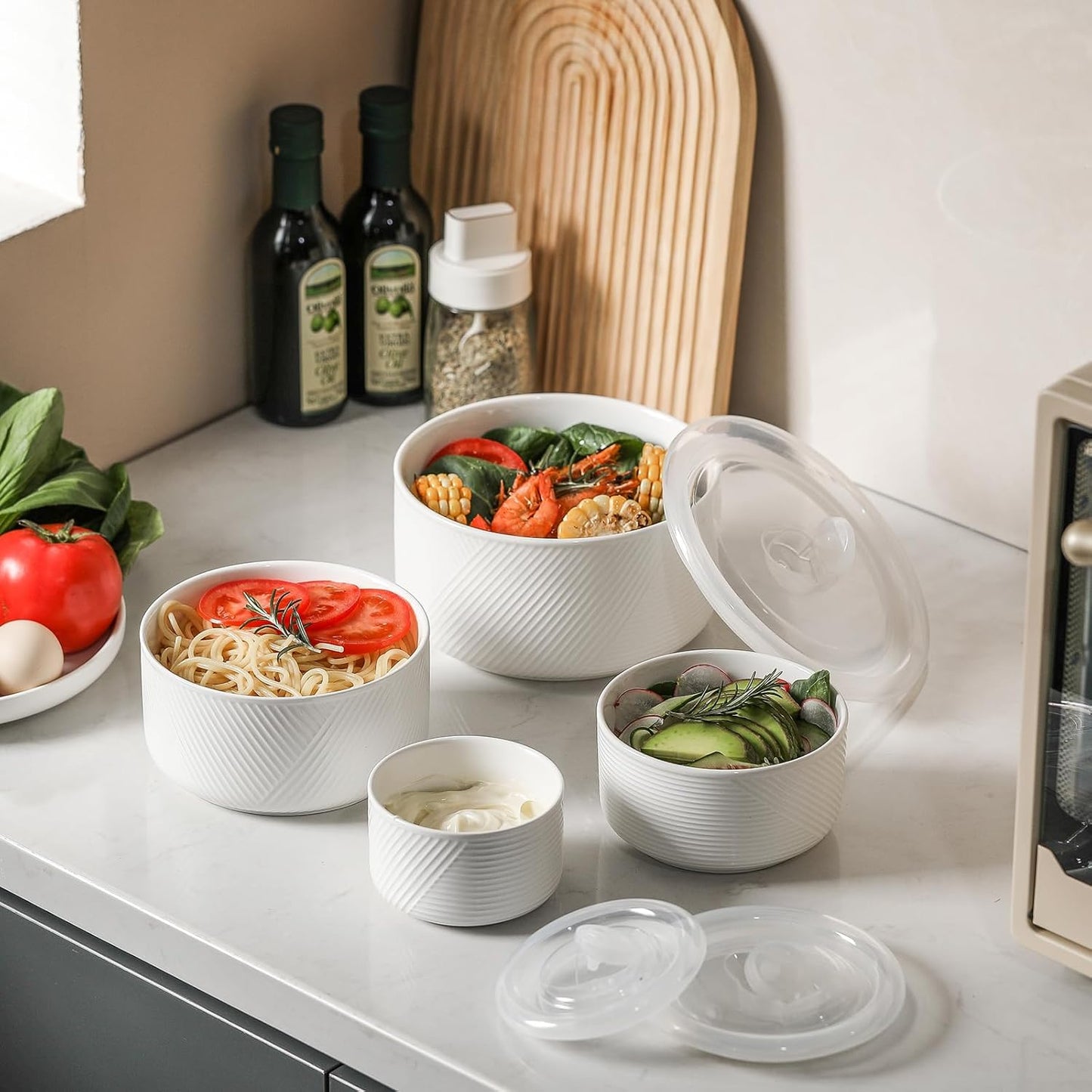 Ceramic Nesting Bowls with Lids, Set of 4, White | 50/32/20/10 oz Mixing Bowls with Lids - Porcelain Food Storage Containers For Prep and Serving, Microwave Safe