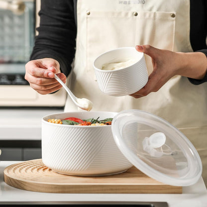 Ceramic Nesting Bowls with Lids, Set of 4, White | 50/32/20/10 oz Mixing Bowls with Lids - Porcelain Food Storage Containers For Prep and Serving, Microwave Safe