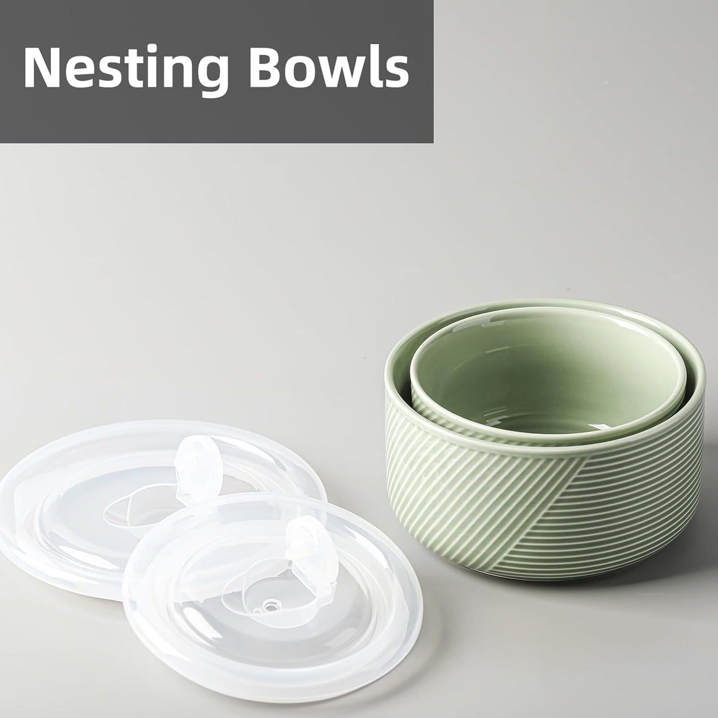 Ceramic Nesting Bowls with Lids, Set of 4, White | 50/32/20/10 oz Mixing Bowls with Lids - Porcelain Food Storage Containers For Prep and Serving, Microwave Safe